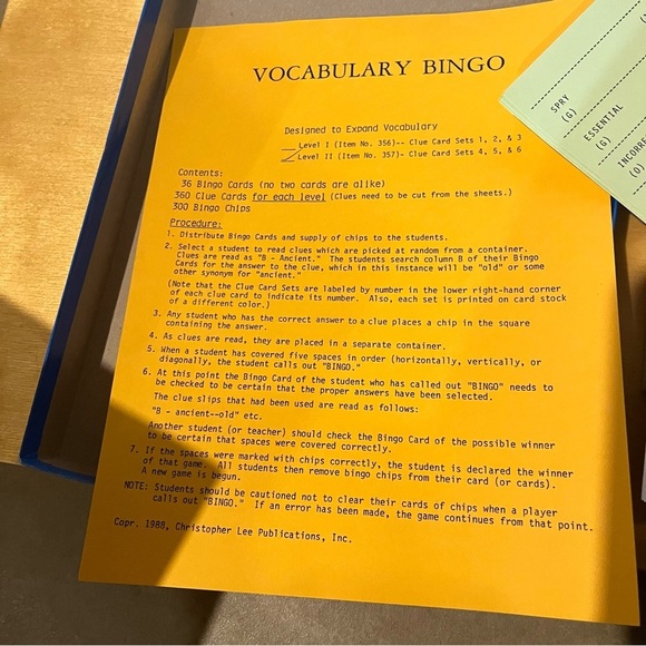 Vocabulary Bingo Games Level 1 And 2 Education Learning Elem-Upper Grades 1988 - Picture 8 of 8